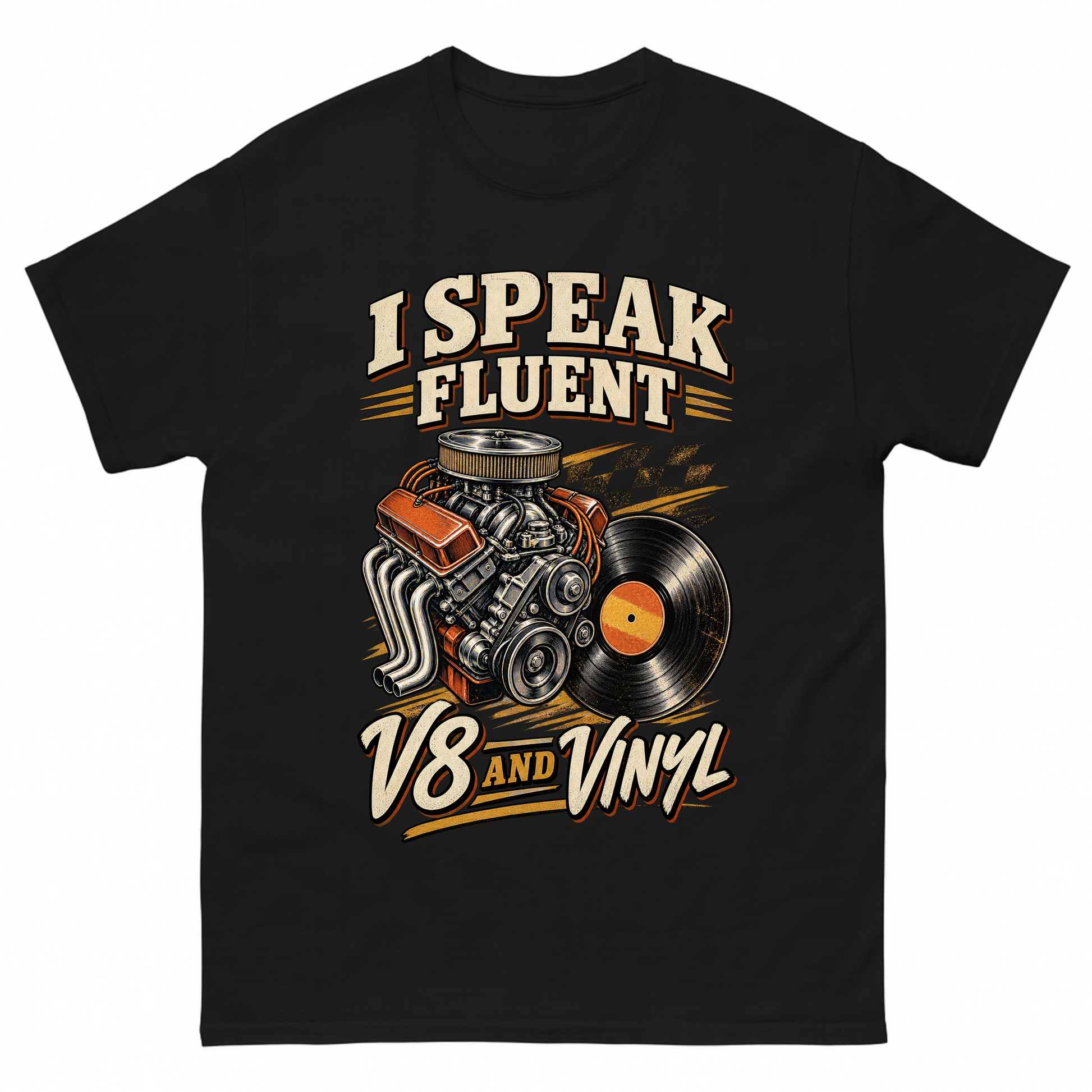 Black vintage t-shirt with 32 v8 and vinyl ideogram 4x printed front design