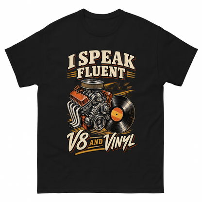 Black vintage t-shirt with 32 v8 and vinyl ideogram 4x printed front design