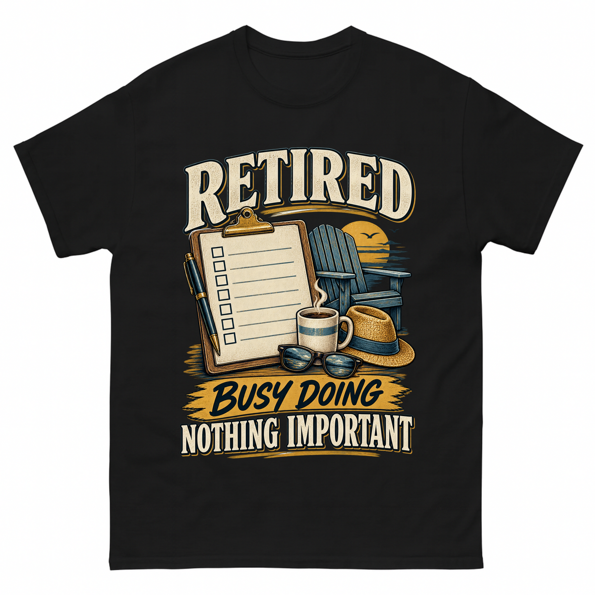 Black vintage t-shirt with Retired. Busy Doing Nothing Important printed front design