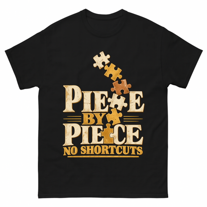 Black vintage t-shirt with Piece By Piece. No Shortcuts printed front design