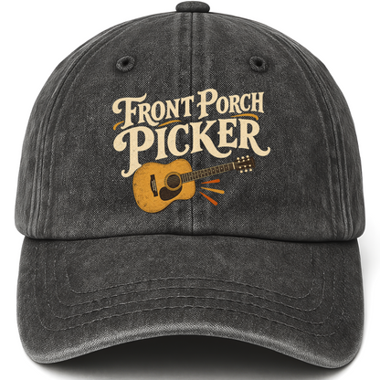 Black vintage washed cap with Front Porch Picker printed front design
