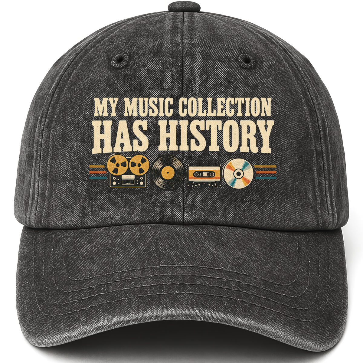 Black vintage washed cap with My Music Collection Has History printed front design