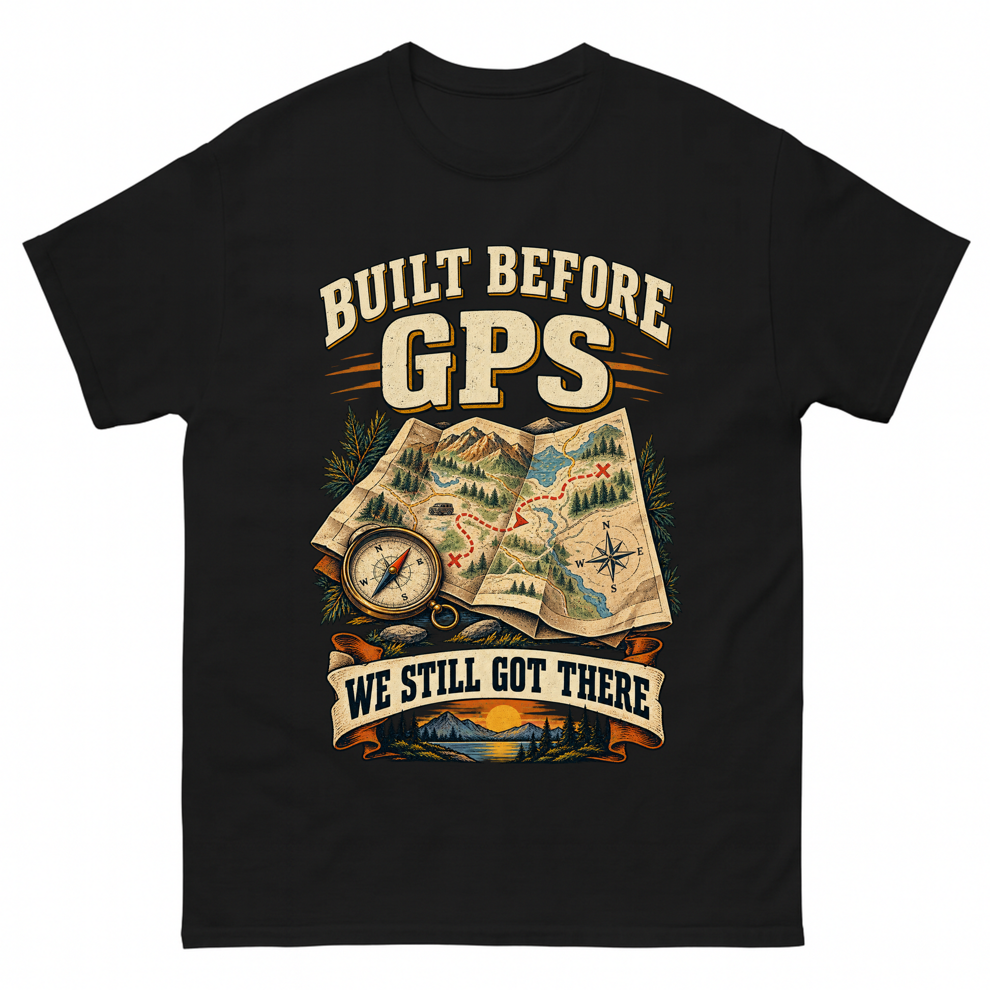 Black vintage t-shirt with Built Before Gps We Still Got There printed front design