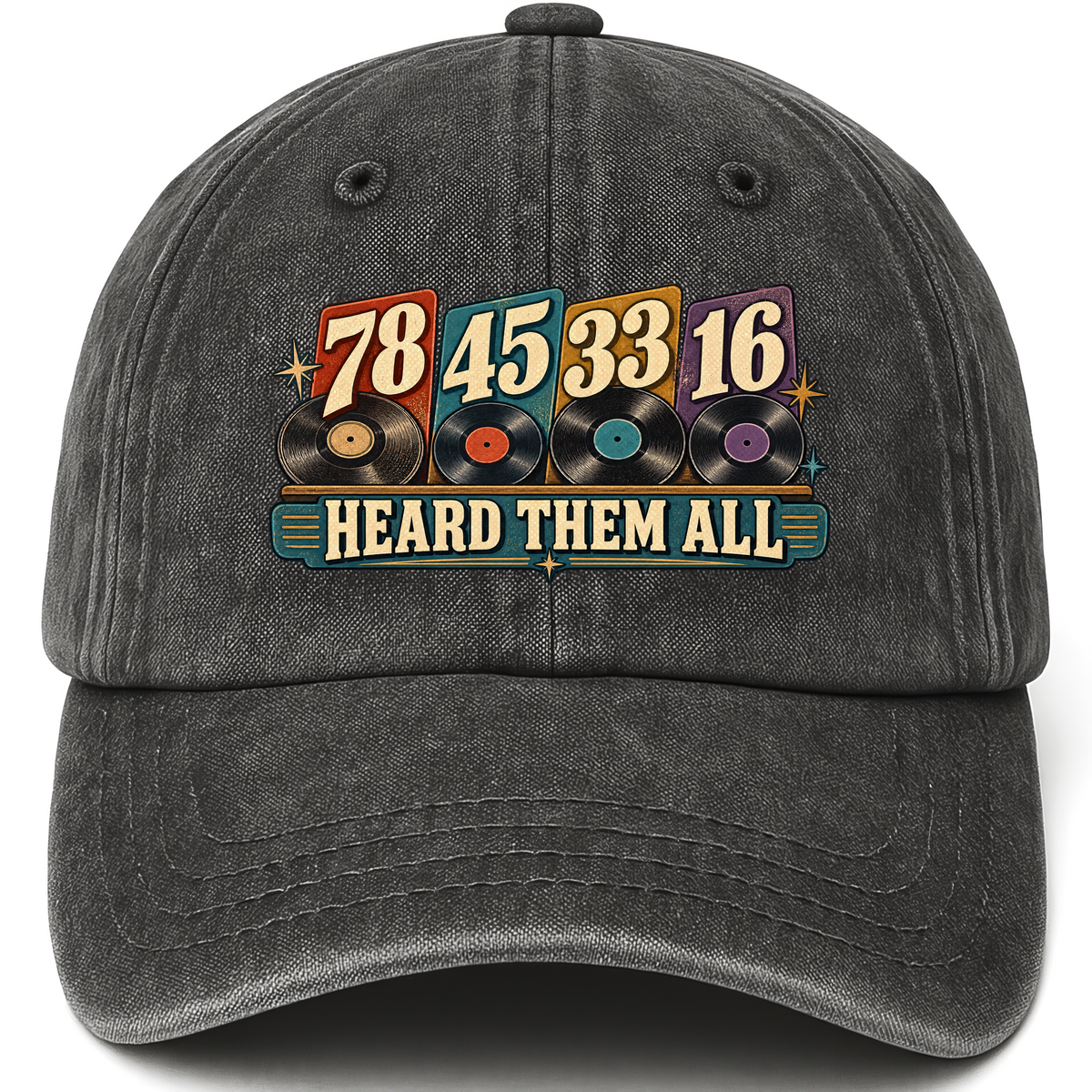 Black vintage washed cap with 78 45 33 16. Heard Them All printed front design