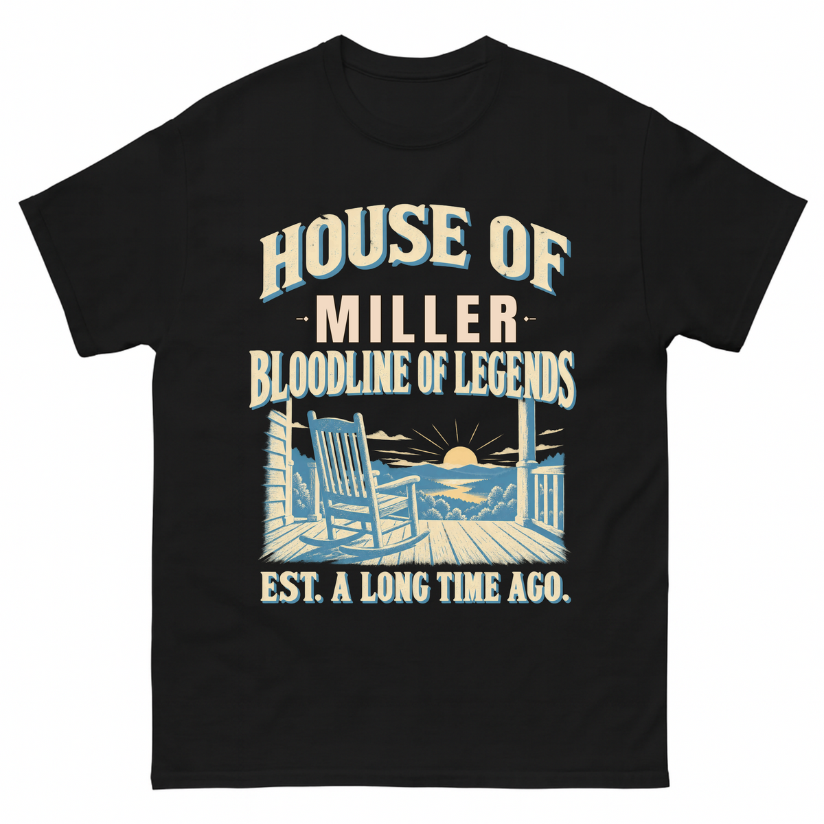 Black vintage t-shirt with House Of Your Family Name Bloodline Of Legends Front Porch printed front design