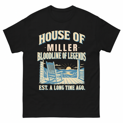 Black vintage t-shirt with House Of Your Family Name Bloodline Of Legends Front Porch printed front design