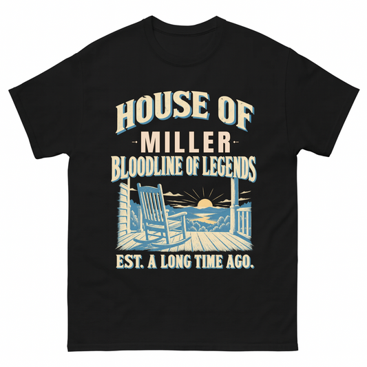 Black vintage t-shirt with House Of Your Family Name Bloodline Of Legends Front Porch printed front design