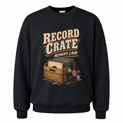 Black vintage sweatshirt with Record Crate Memory Lane printed front design