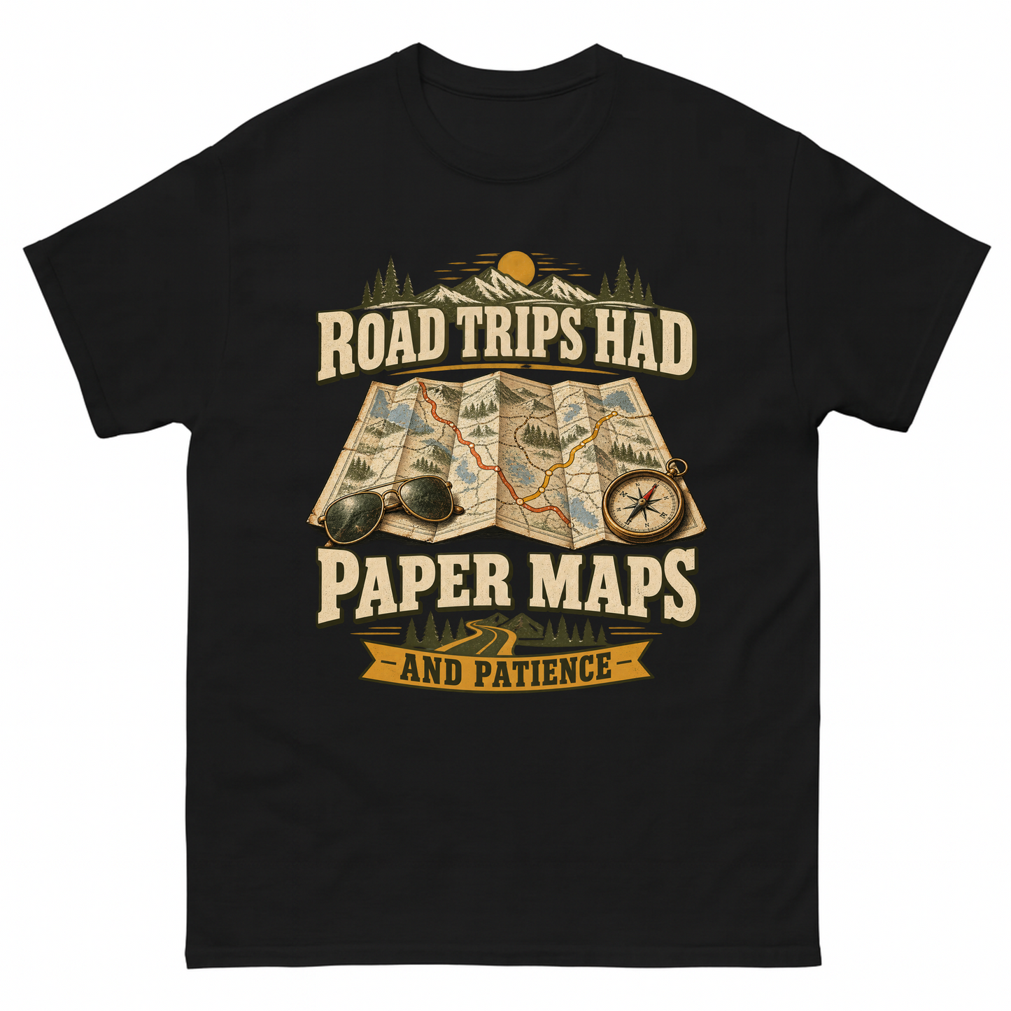 Black vintage t-shirt with Road Trips Had Paper Maps And Patience printed front design