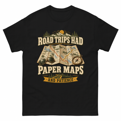 Black vintage t-shirt with Road Trips Had Paper Maps And Patience printed front design