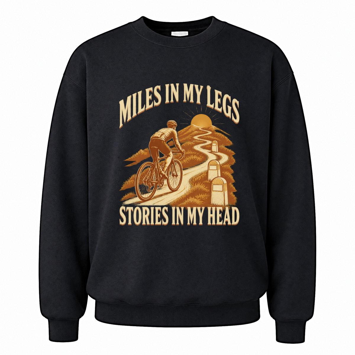 Black vintage sweatshirt with Miles In My Legs. Stories In My Head printed front design
