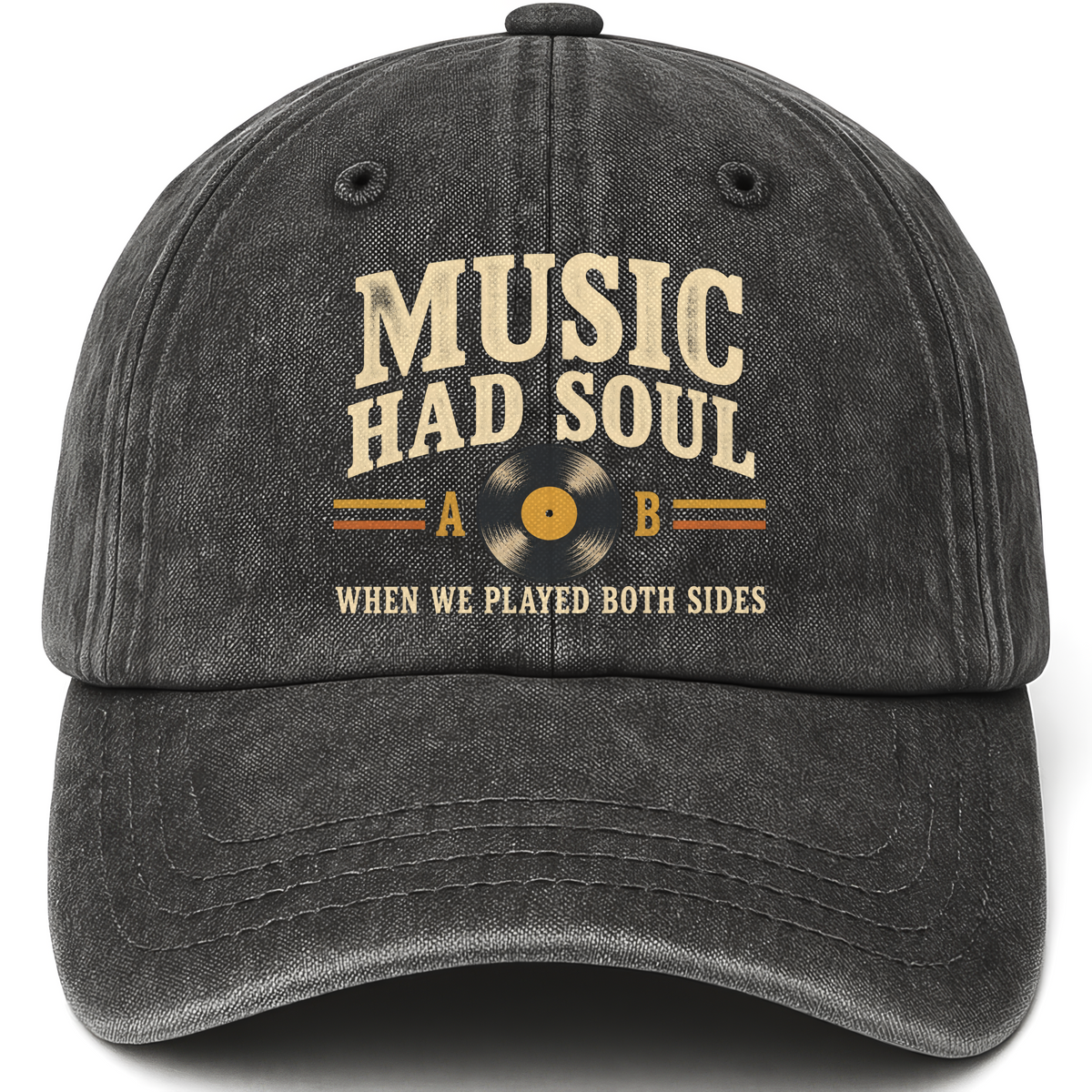 Black vintage washed cap with Music Had Soul When We Played Both Sides printed front design