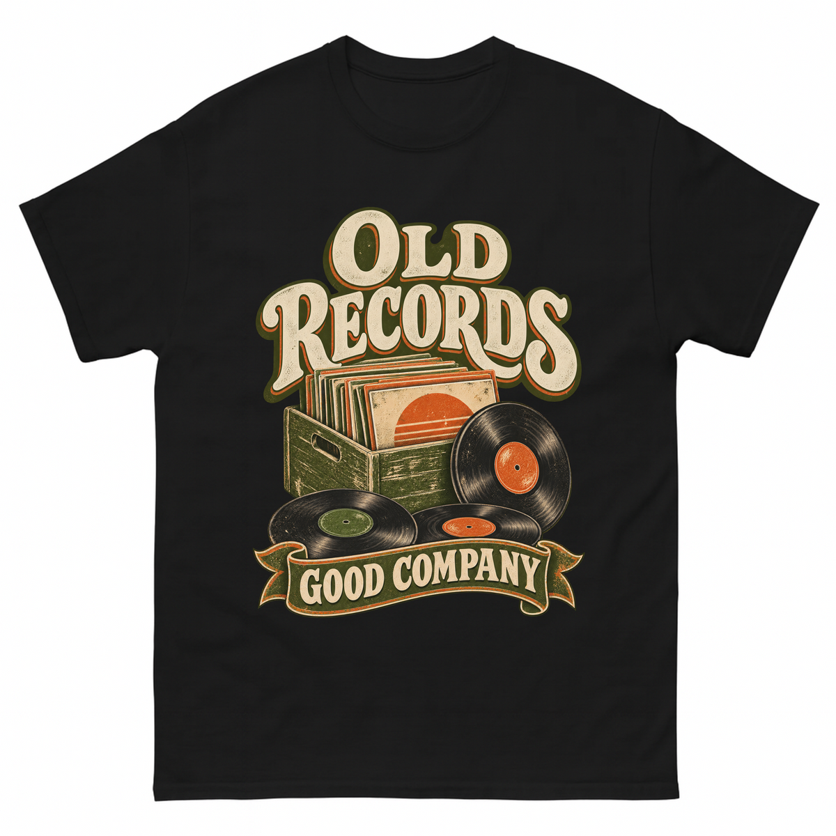 Black vintage t-shirt with Old Records Good Company printed front design