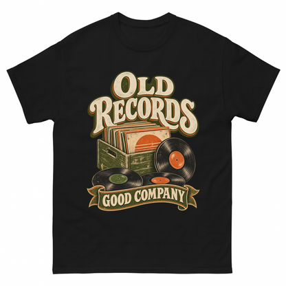 Black vintage t-shirt with Old Records Good Company printed front design