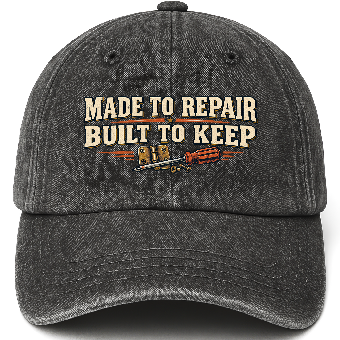 Black vintage washed cap with Made To Repair. Built To Keep printed front design