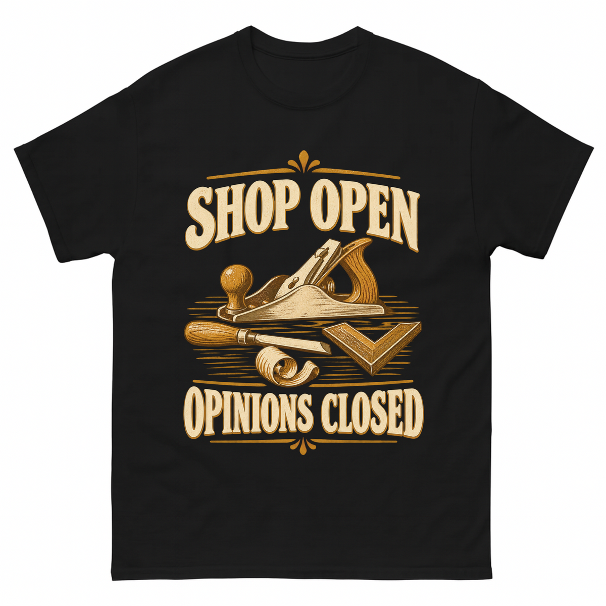 Black vintage t-shirt with Shop Open Opinions Closed printed front design
