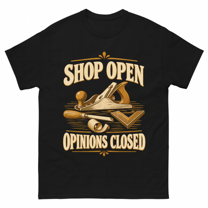 Black vintage t-shirt with Shop Open Opinions Closed printed front design