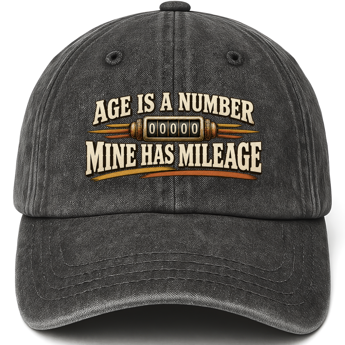 Black vintage washed cap with Age Is A Number Mine Has Mileage printed front design