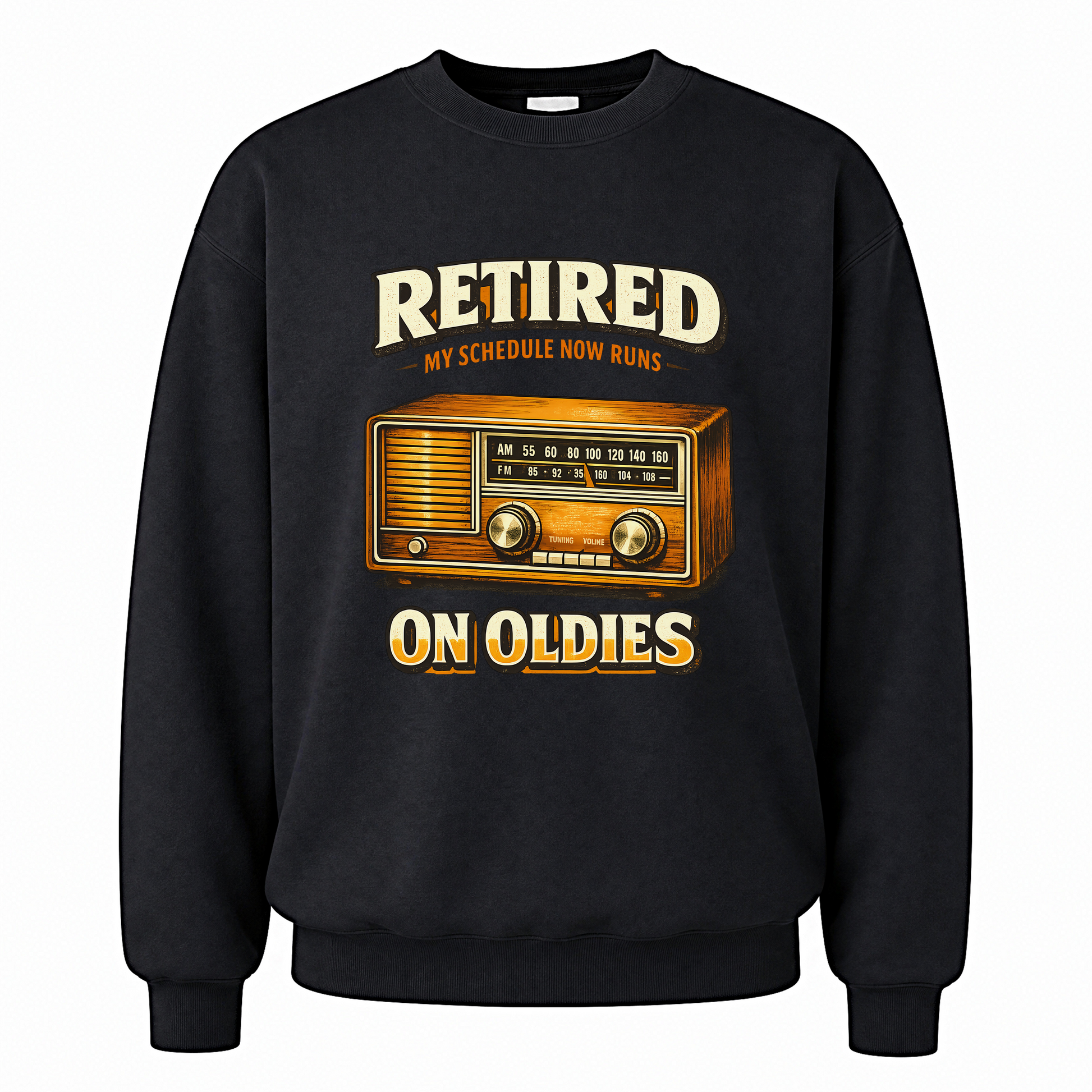 Black vintage sweatshirt with 39 schedule runs on oldies ideogram 4x printed front design