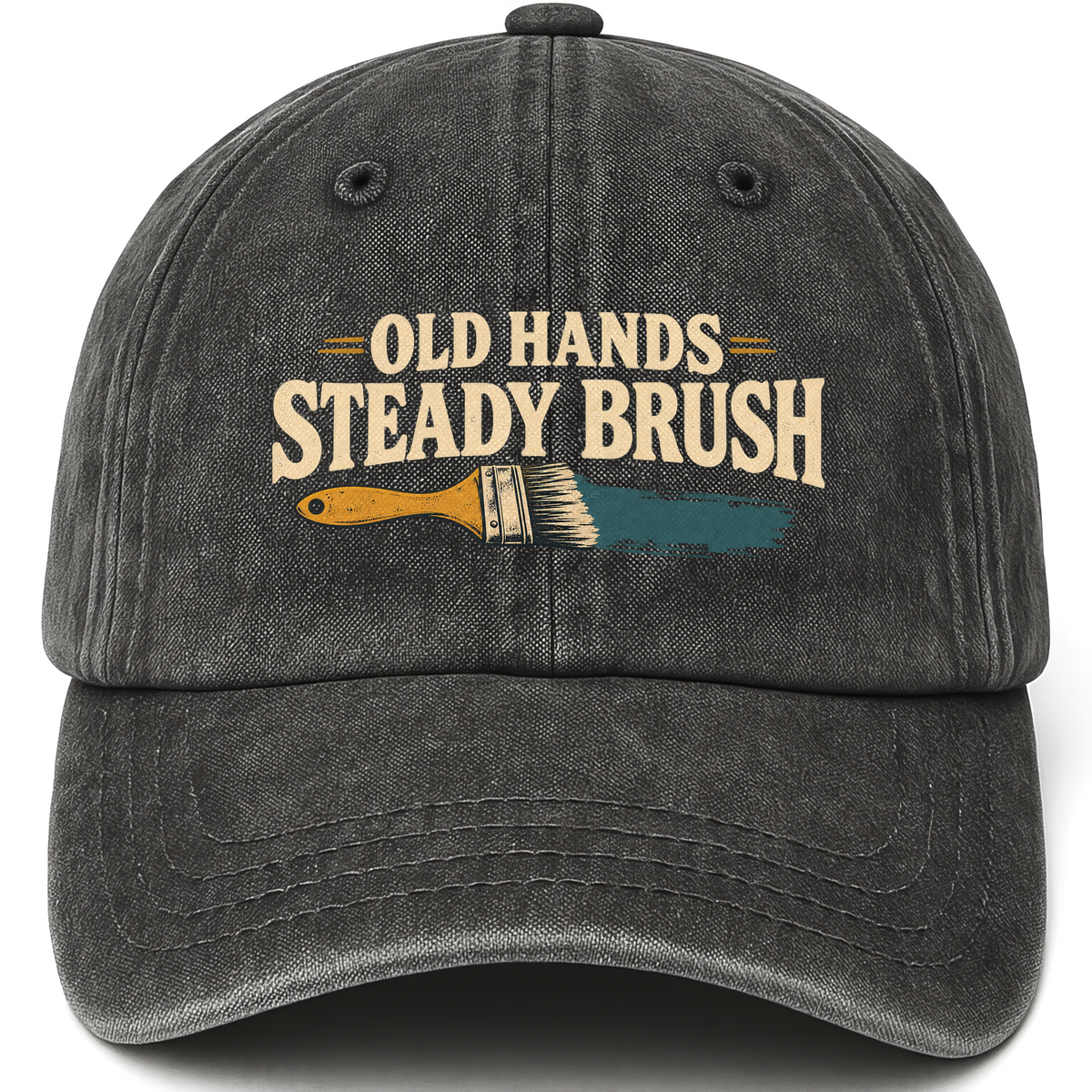 Black vintage washed cap with Old Hands = Steady Brush printed front design
