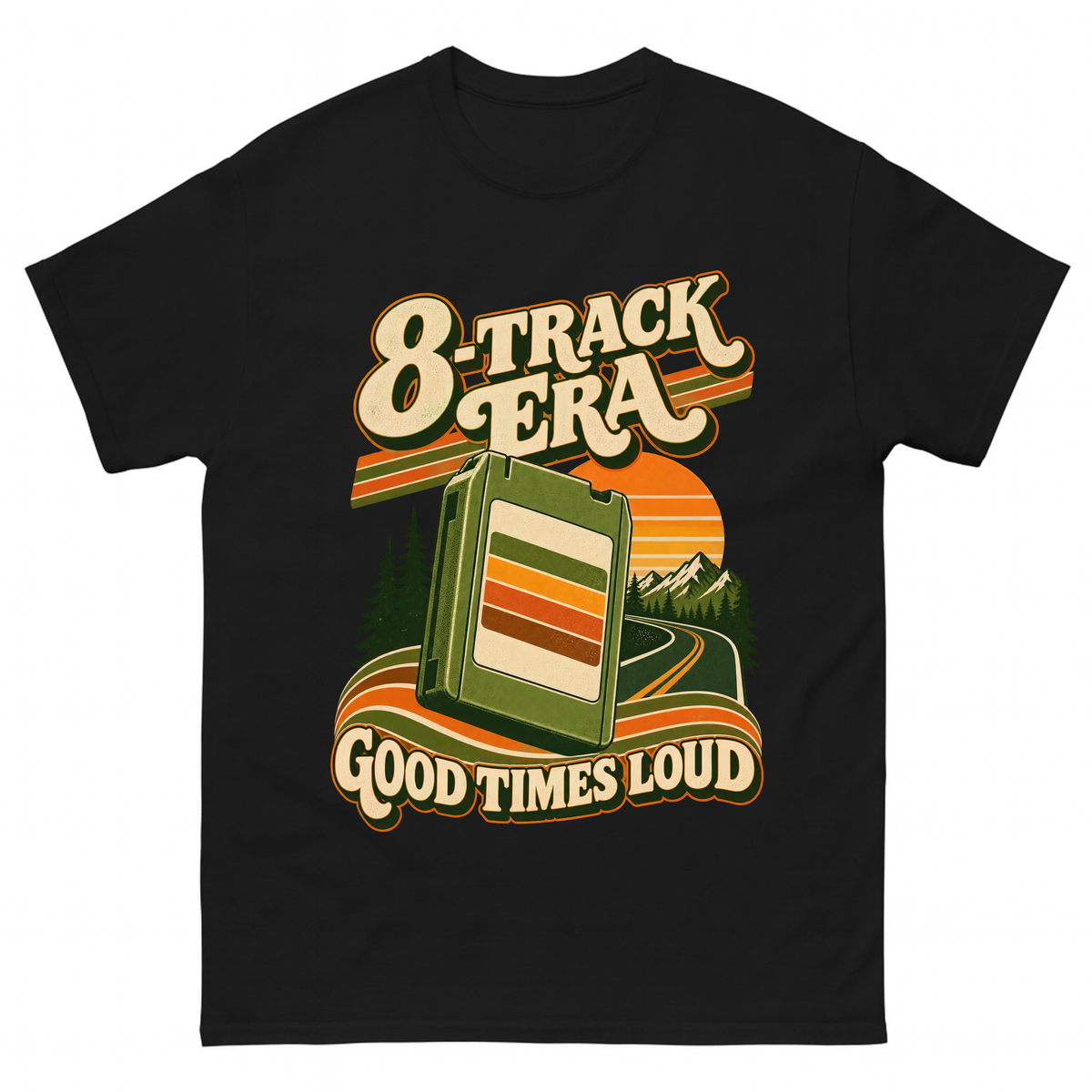 Black vintage t-shirt with 8-Track Era Good Times Loud printed front design