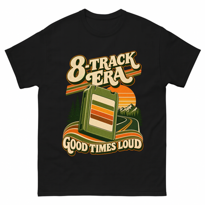 Black vintage t-shirt with 8-Track Era Good Times Loud printed front design