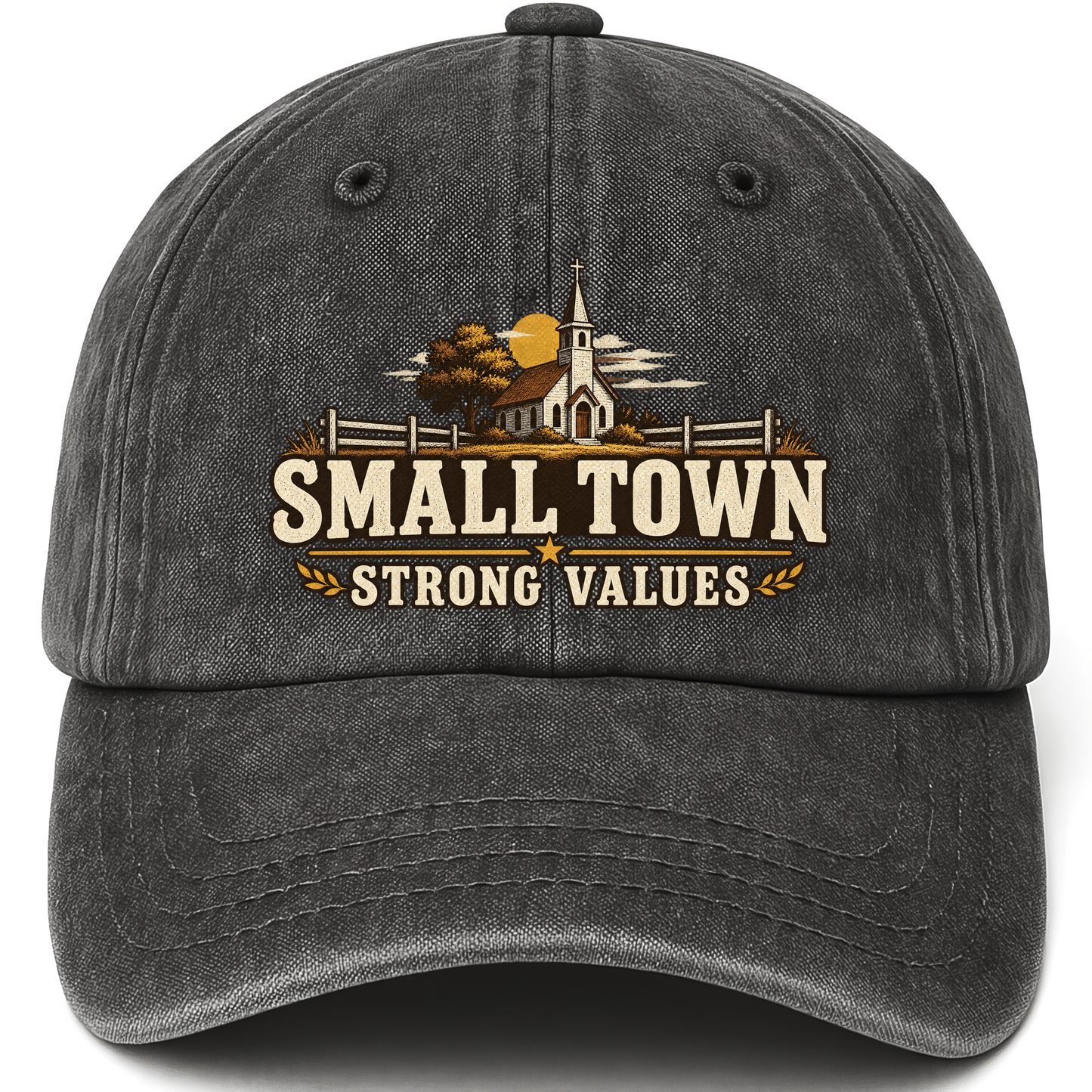 Black vintage washed cap with Small Town Strong Values printed front design