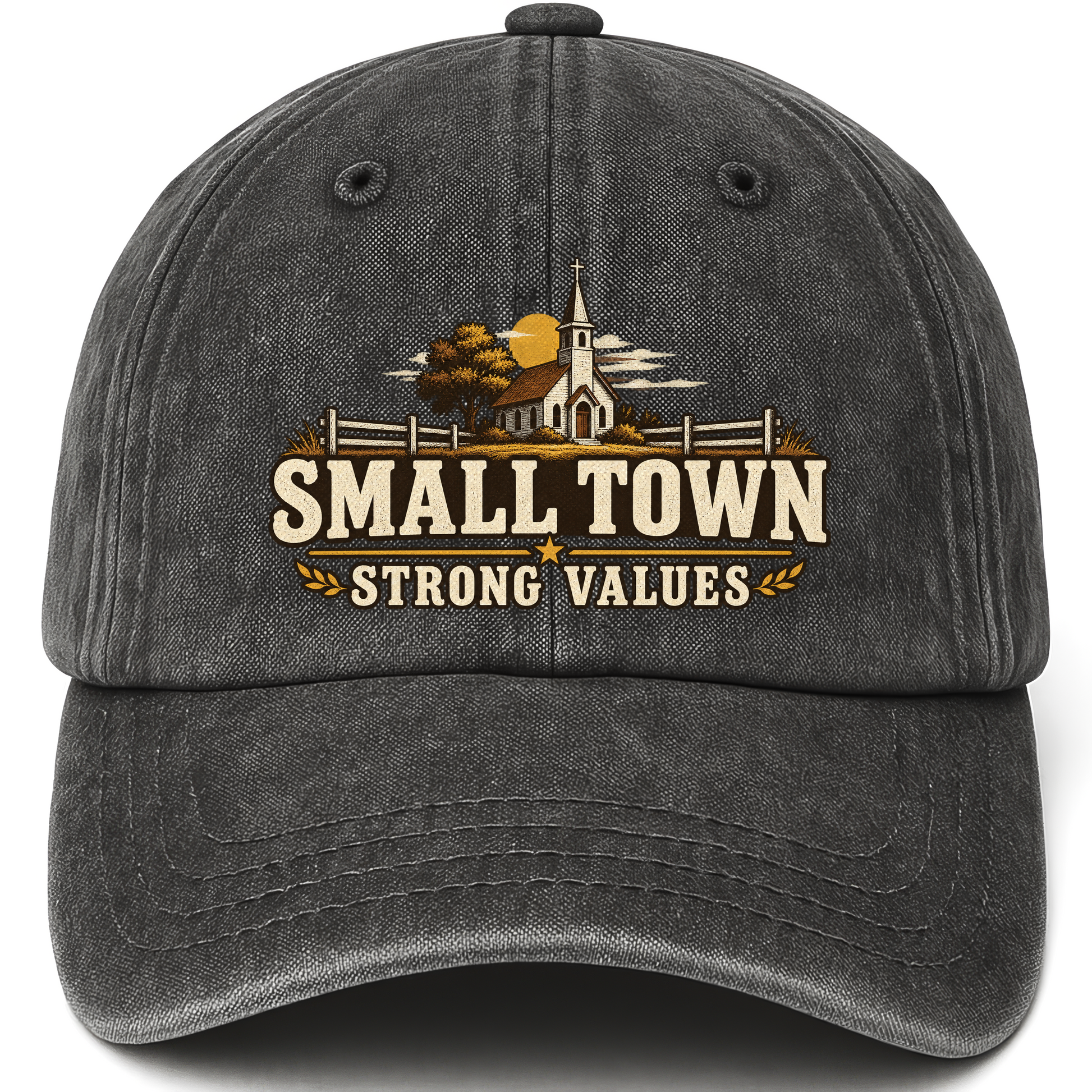 Black vintage washed cap with Small Town Strong Values printed front design