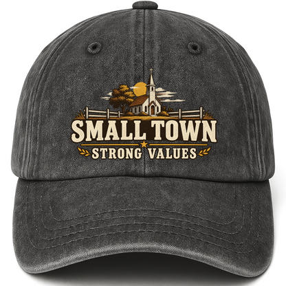 Black vintage washed cap with Small Town Strong Values printed front design