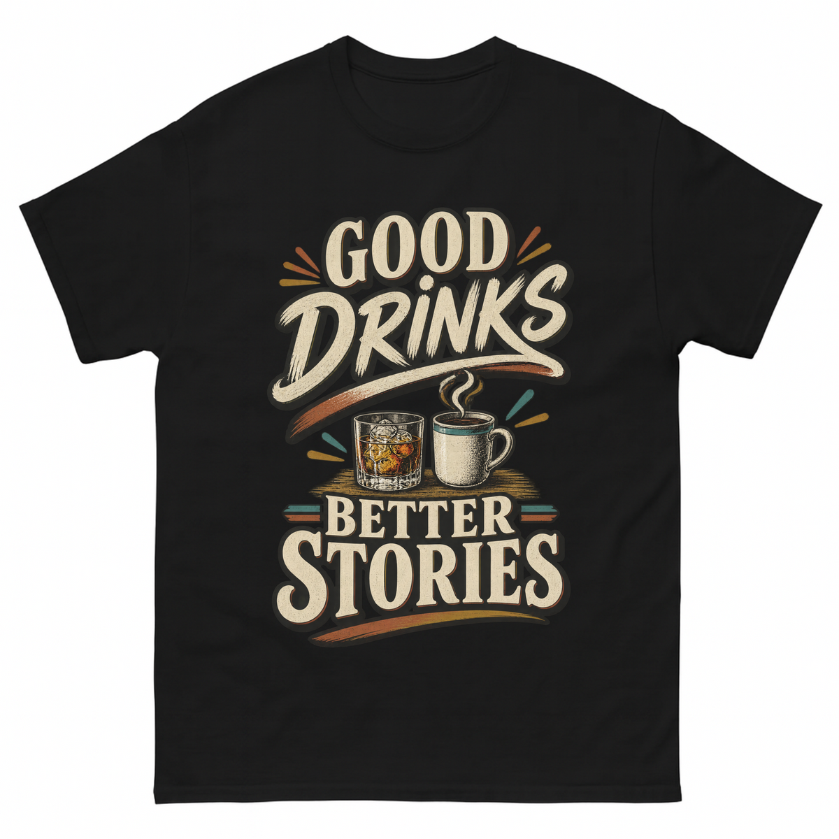 Black vintage t-shirt with Good Drinks. Better Stories printed front design