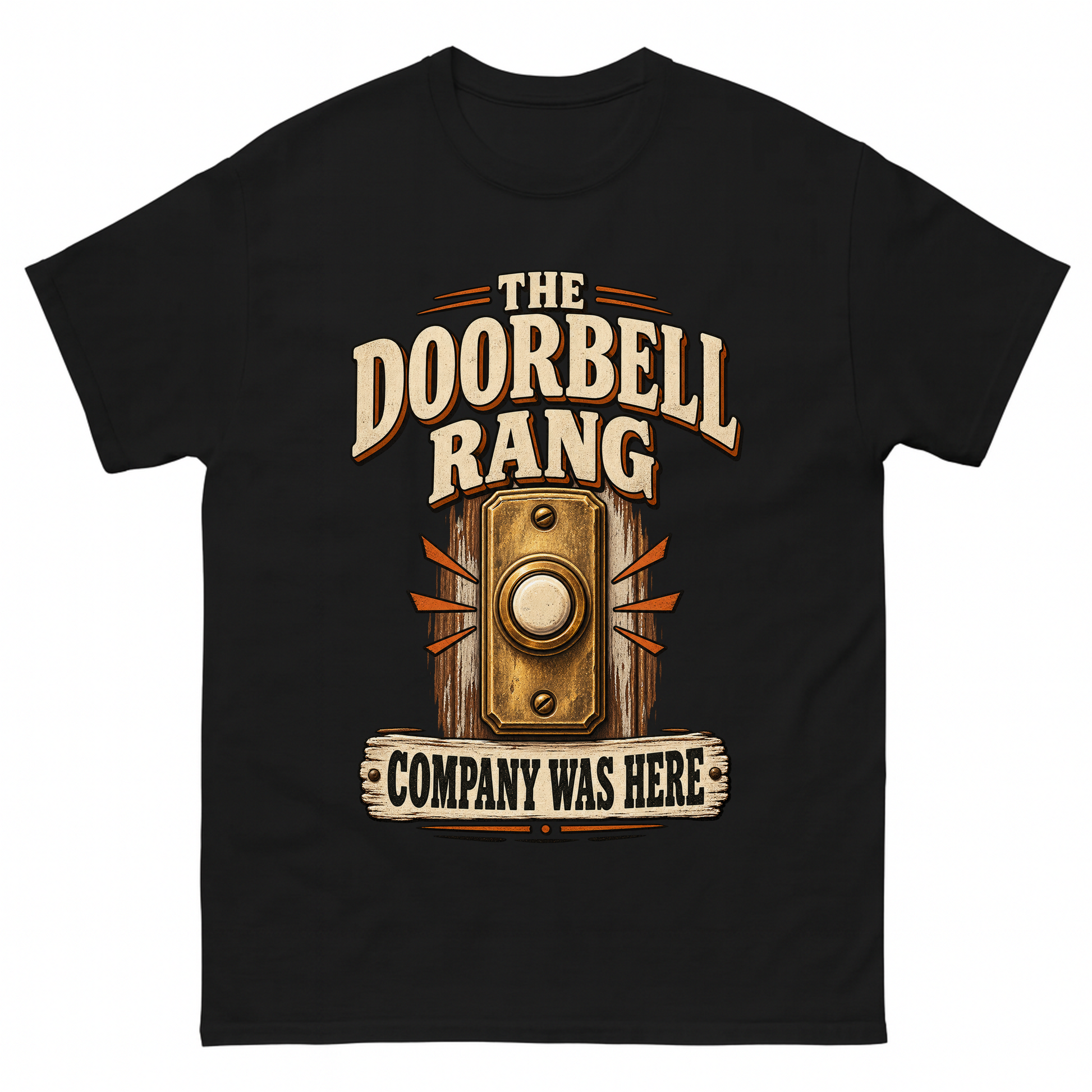Black vintage t-shirt with The Doorbell Rang Company Was Here printed front design