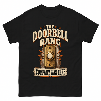 Black vintage t-shirt with The Doorbell Rang Company Was Here printed front design