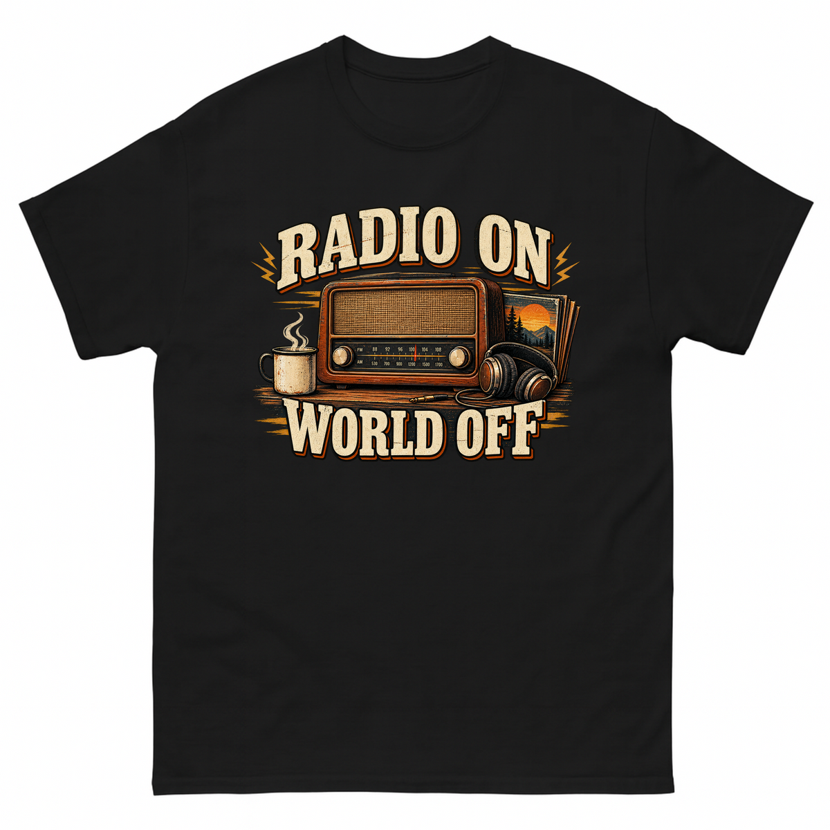Black vintage t-shirt with Radio On World Off printed front design