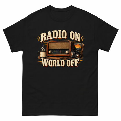 Black vintage t-shirt with Radio On World Off printed front design
