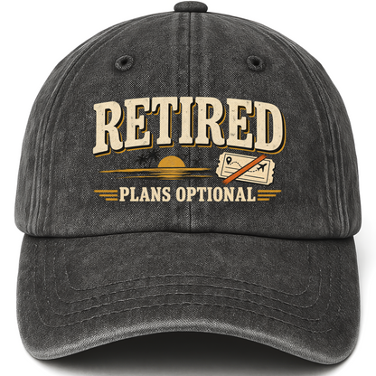 Black vintage washed cap with Retired Plans Optional printed front design