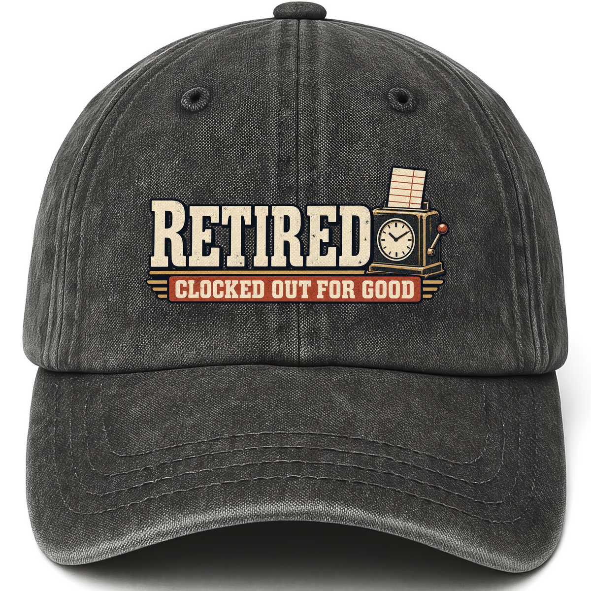 Black vintage washed cap with Clocked Out For Good printed front design