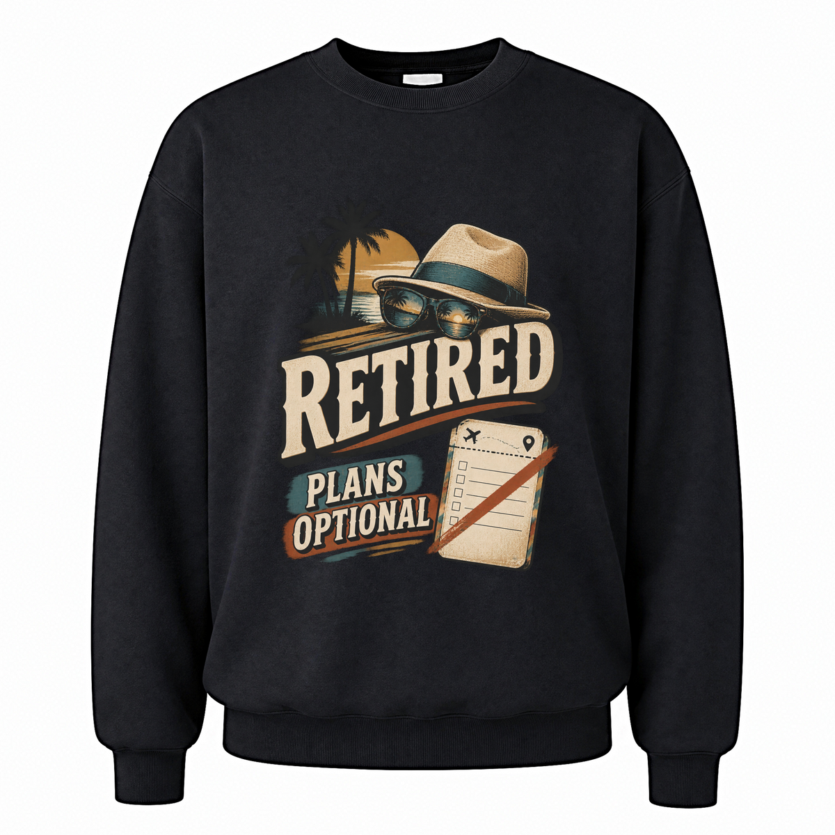 Black vintage sweatshirt with Retired Plans Optional printed front design