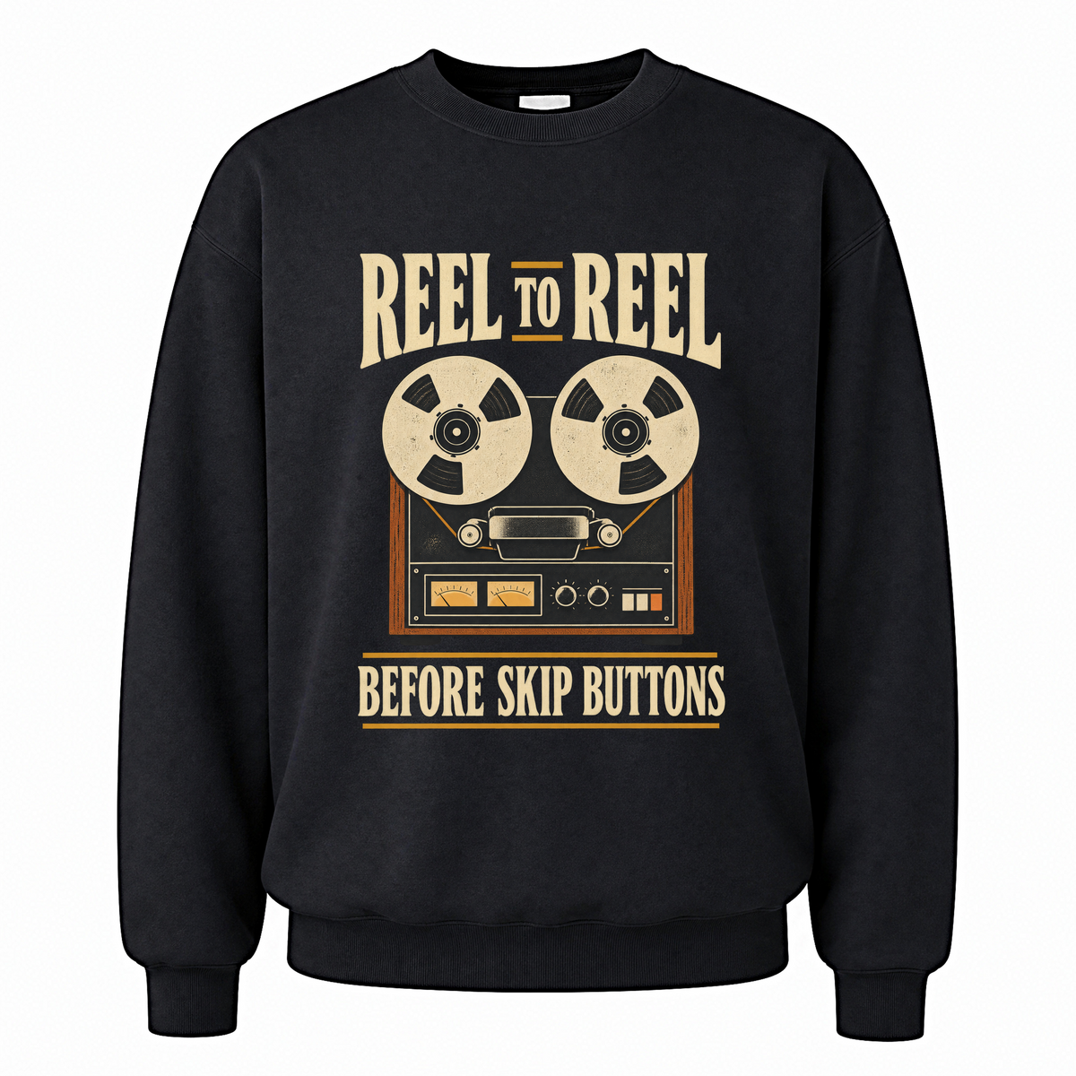 Black vintage sweatshirt with Reel To Reel Before Skip Buttons printed front design