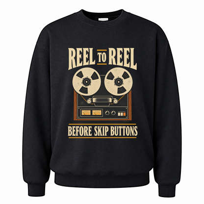 Black vintage sweatshirt with Reel To Reel Before Skip Buttons printed front design