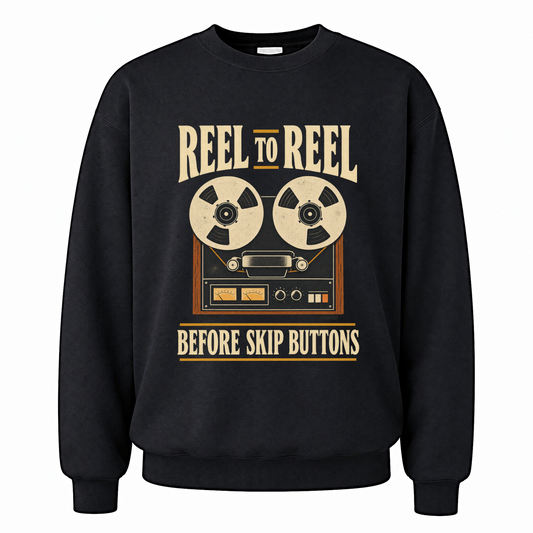 Black vintage sweatshirt with Reel To Reel Before Skip Buttons printed front design