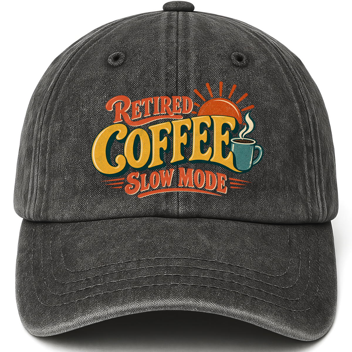 Black vintage washed cap with Retired Coffee Slow Mode printed front design