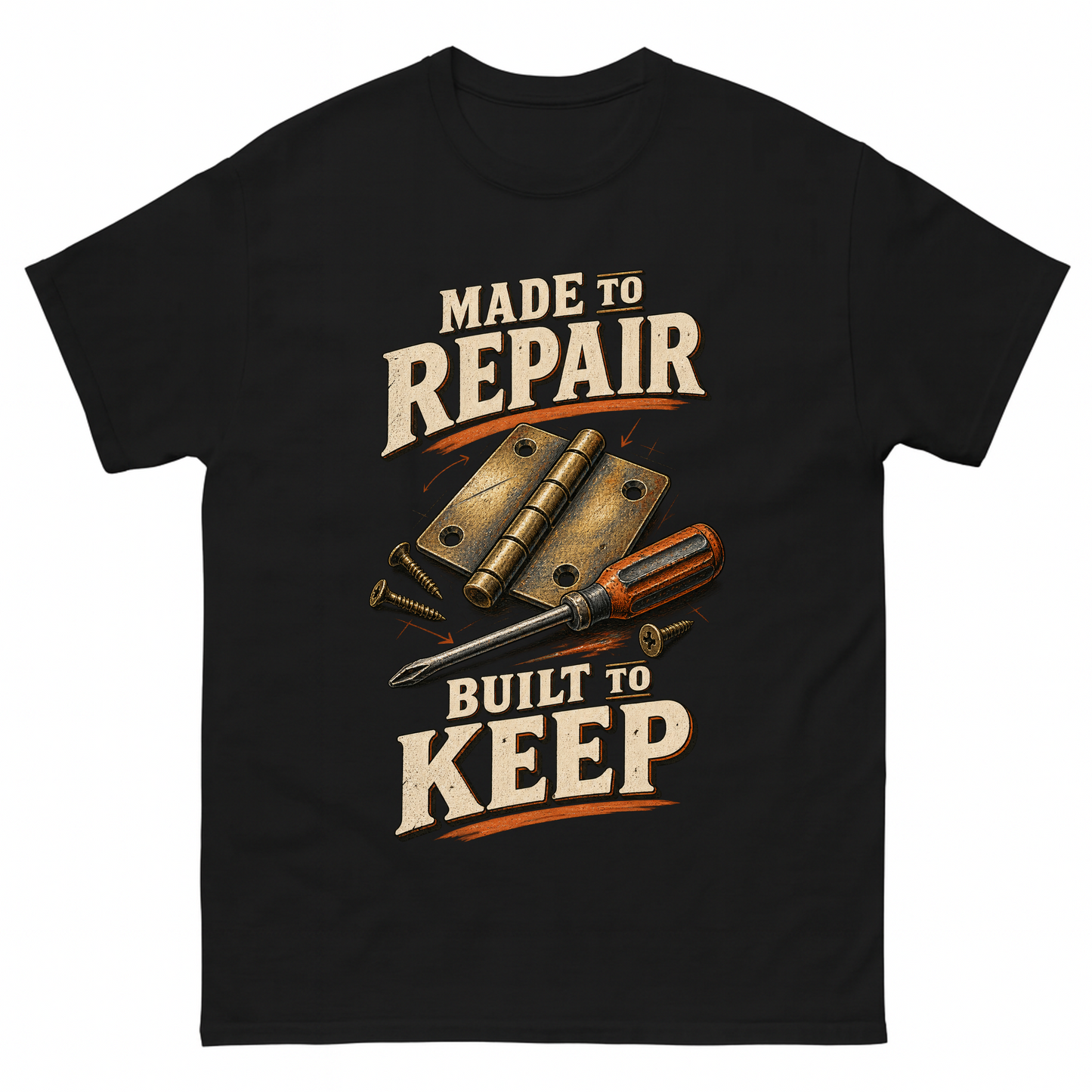 Black vintage t-shirt with Made To Repair. Built To Keep printed front design