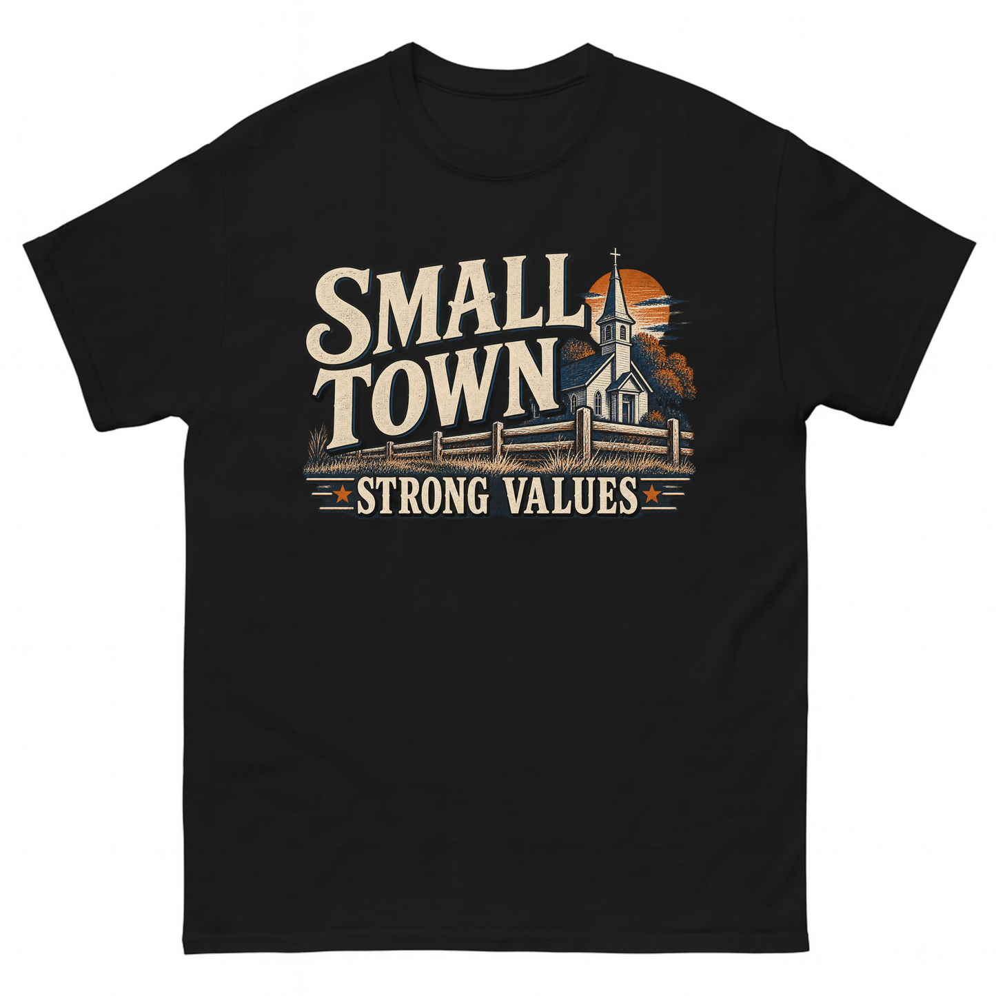 Black vintage t-shirt with Small Town Strong Values printed front design