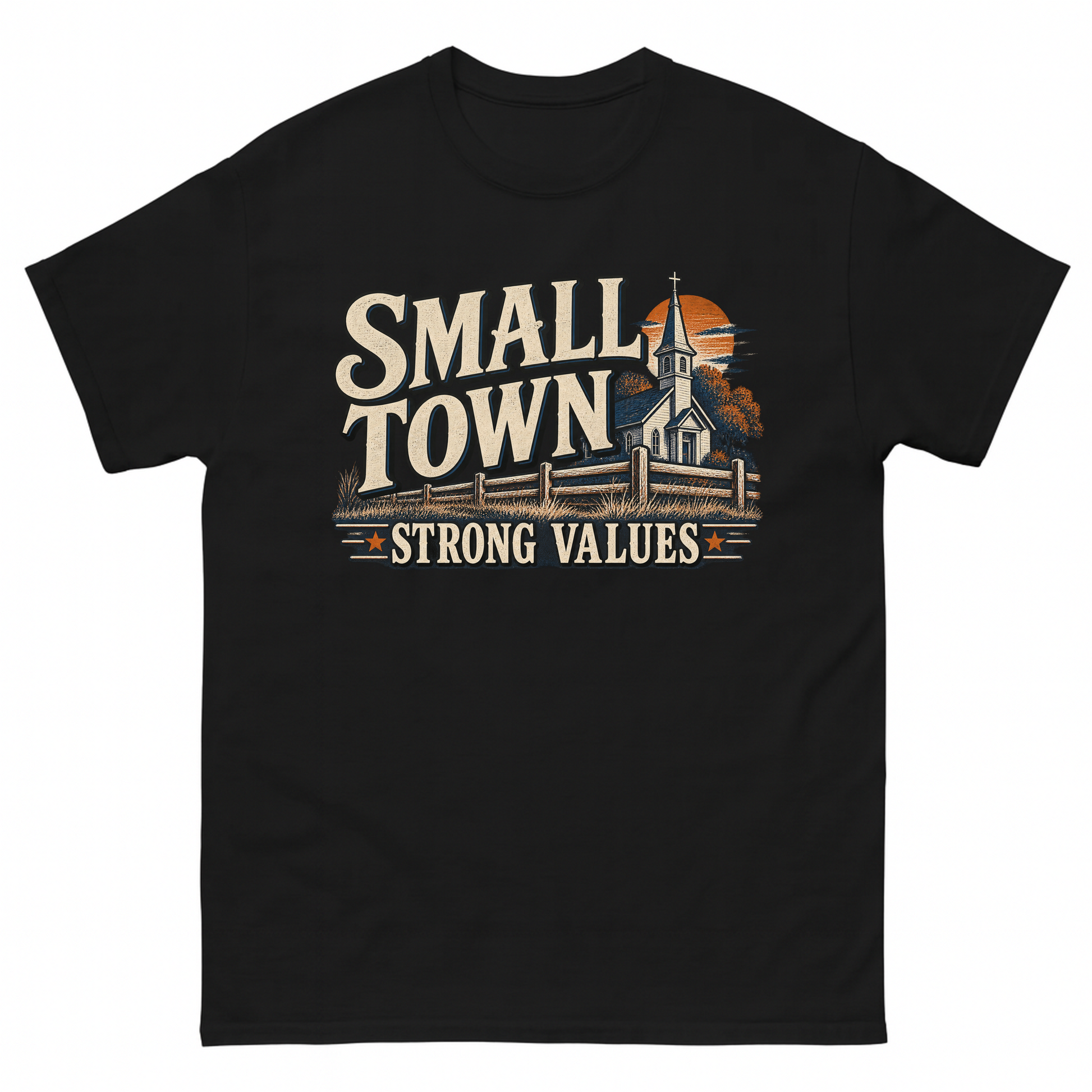 Black vintage t-shirt with Small Town Strong Values printed front design