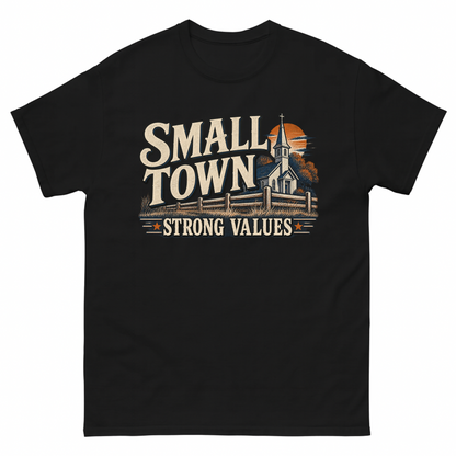 Black vintage t-shirt with Small Town Strong Values printed front design
