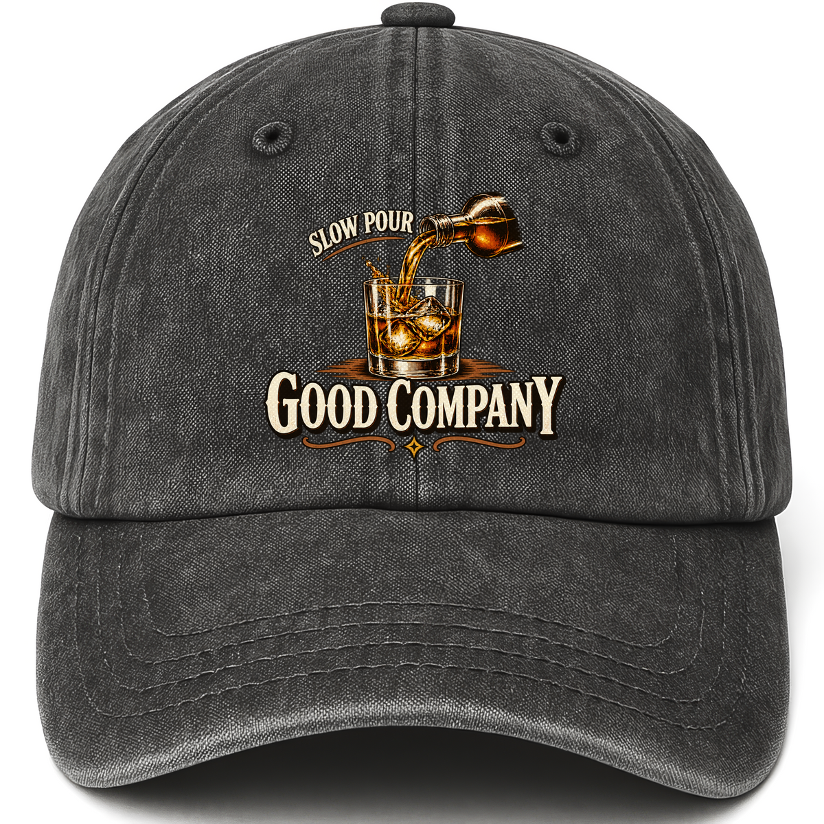 Black vintage washed cap with Slow Pour Good Company printed front design