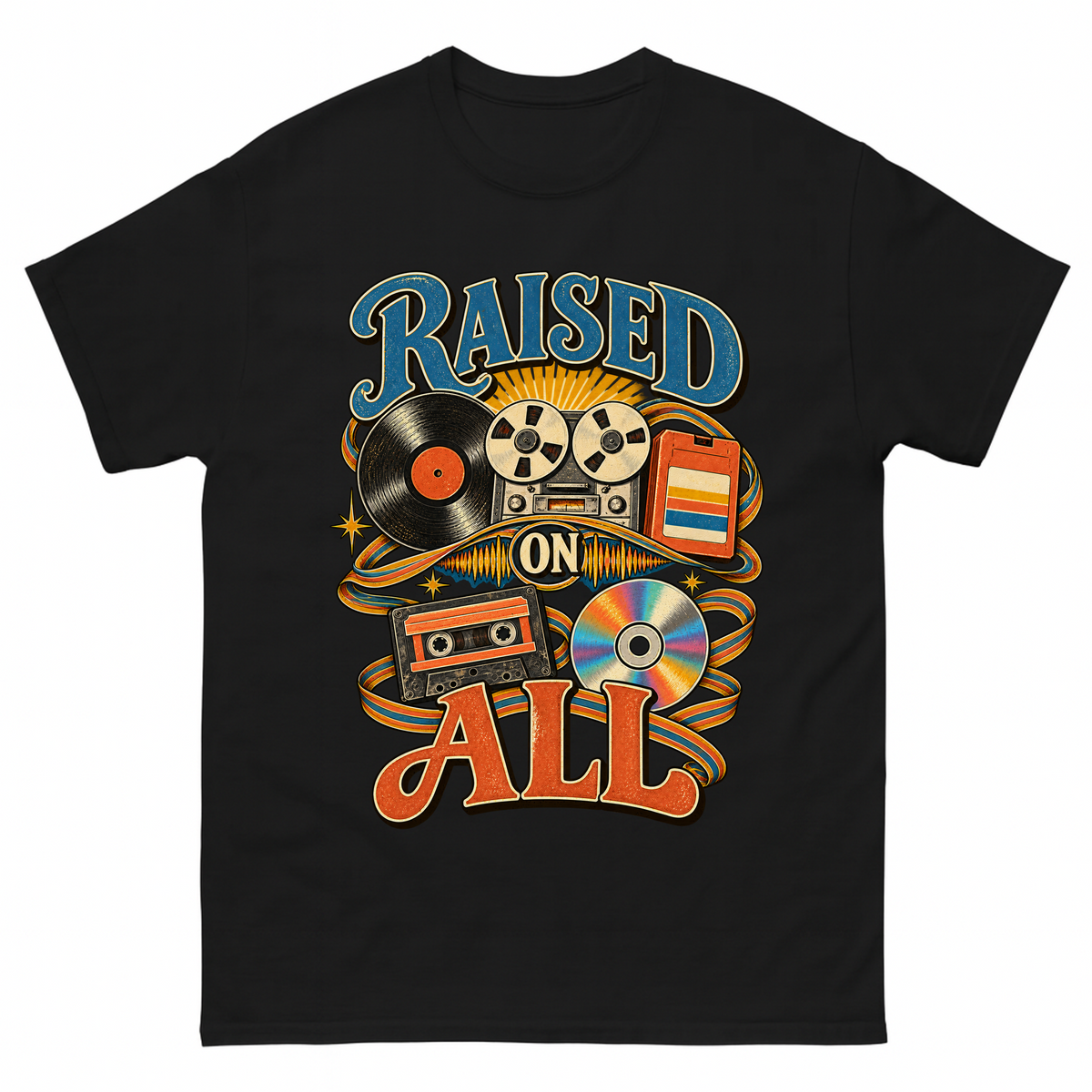 Black vintage t-shirt with Raised On All printed front design