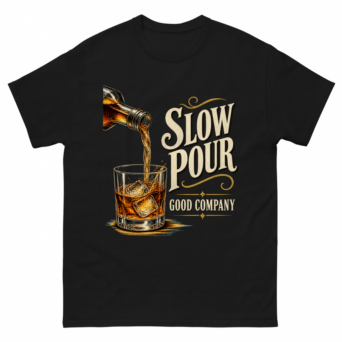 Black vintage t-shirt with Slow Pour Good Company printed front design