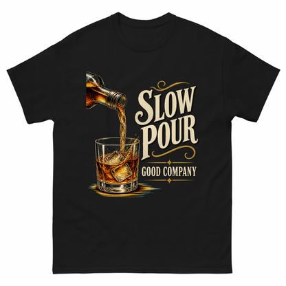Black vintage t-shirt with Slow Pour Good Company printed front design