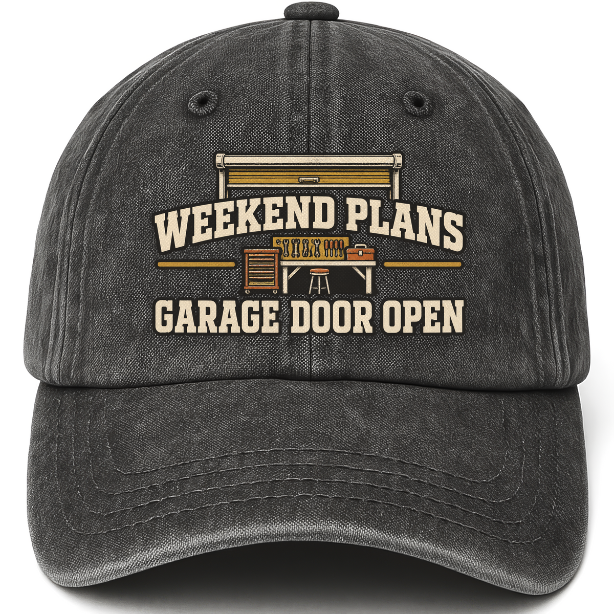 Black vintage washed cap with Weekend Plans. Garage Door Open printed front design